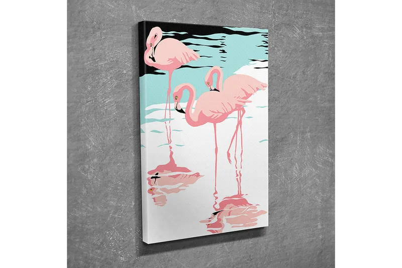Pieni canvas-taulu 30x40 cm - Flamingot lepäämässä veden pinnalla, Vaaleanpunainen / Turkoosi / Musta