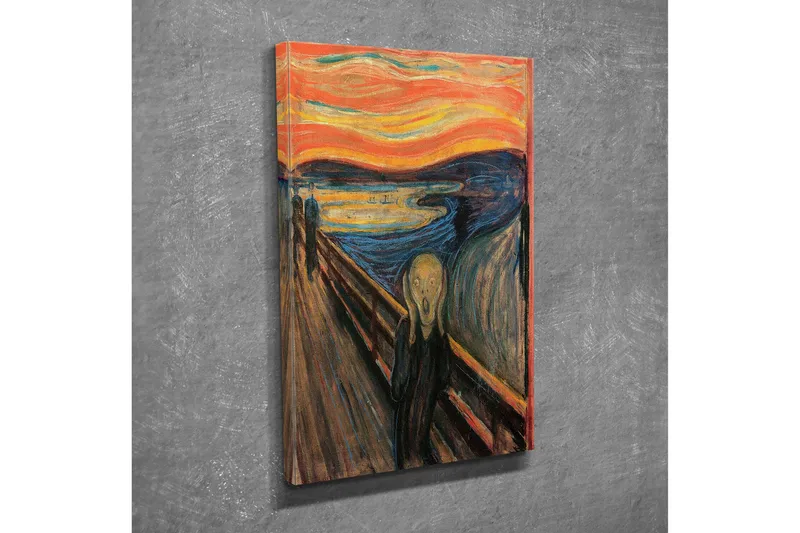 Pieni canvas-taulu 30x40 cm - Huutava hahmo sillalla dramaattisen taivaan edessä, Oranssi / Sininen / Musta