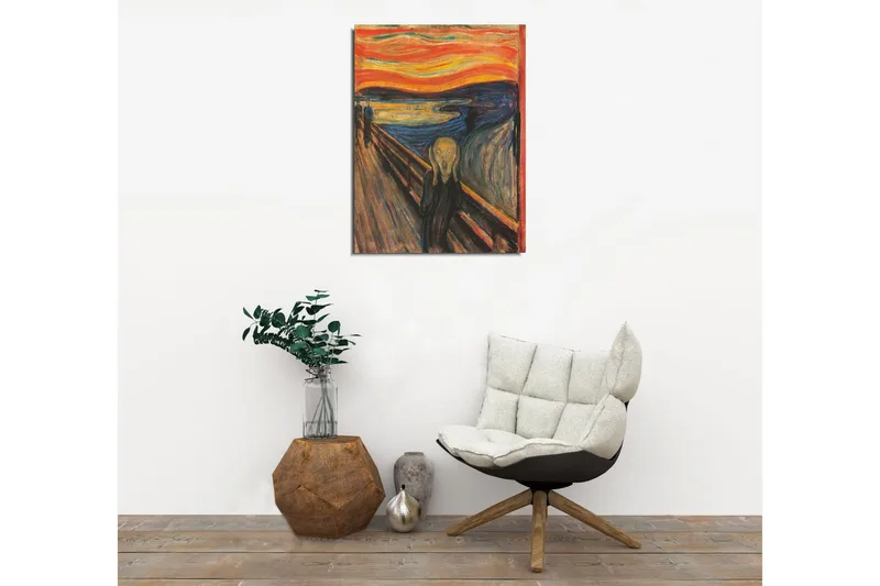 Pieni canvas-taulu 30x40 cm - Huutava hahmo sillalla dramaattisen taivaan edessä - Oranssi / Sininen / Musta - Sisustustuotteet - Taulu & taide - Canvas-taulu