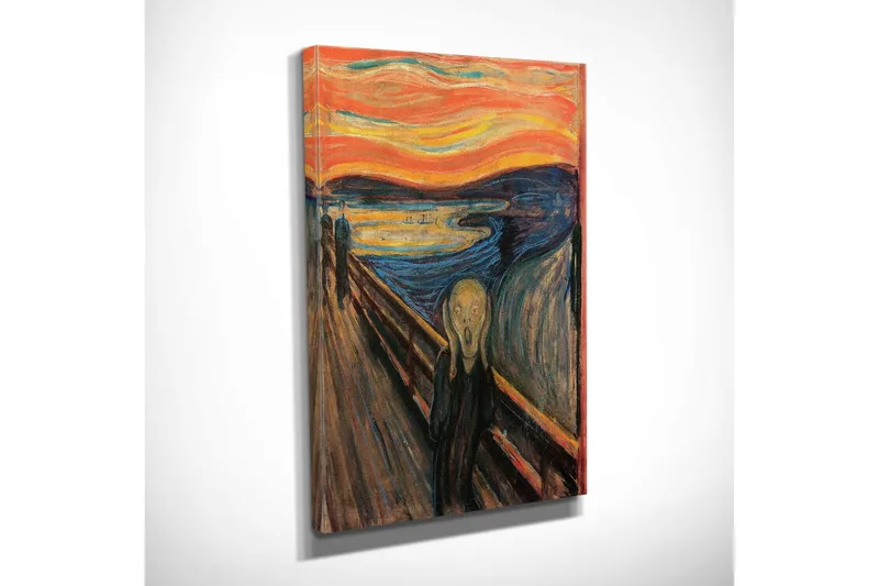 Pieni canvas-taulu 30x40 cm - Huutava hahmo sillalla dramaattisen taivaan edessä - Oranssi / Sininen / Musta - Sisustustuotteet - Taulu & taide - Canvas-taulu