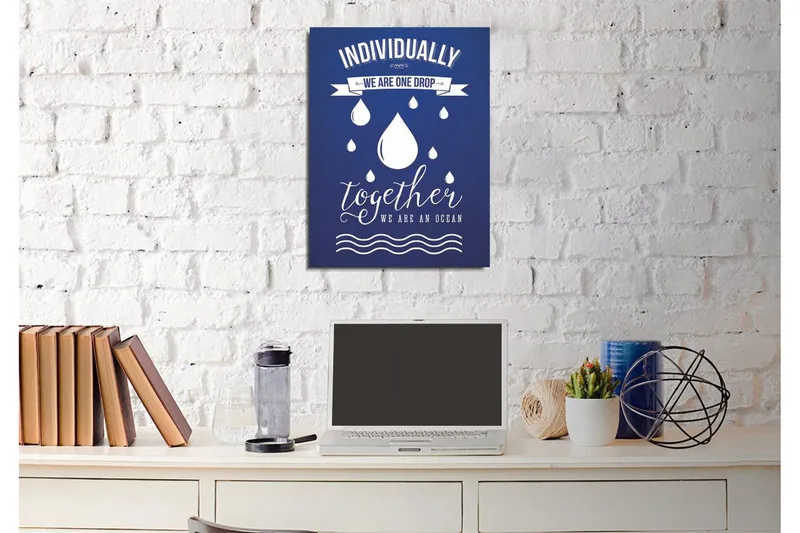 Pieni canvas-taulu 30x40 cm - Inspiroiva lainaus yhteisöstä ja yhtenäisyydestä pisaroilla symboleina - Tummansininen / Valkoinen - Sisustustuotteet - Taulu & taide - Canvas-taulu