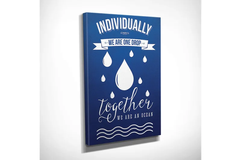 Pieni canvas-taulu 30x40 cm - Inspiroiva lainaus yhteisöstä ja yhtenäisyydestä pisaroilla symboleina - Tummansininen / Valkoinen - Sisustustuotteet - Taulu & taide - Canvas-taulu