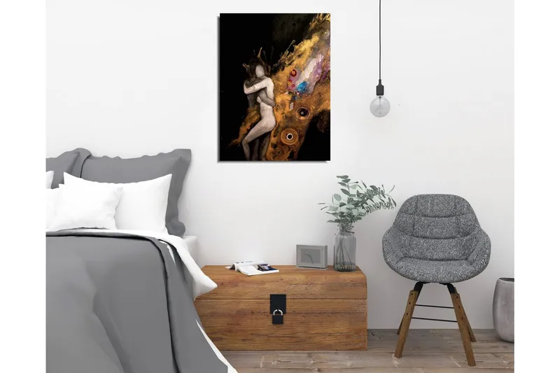 Pieni canvas-taulu 30x40 cm - Intiimi pari syleilevässä eleessä abstrakteilla elementeillä - Kulta / Musta / Beige - Sisustustuotteet - Taulu & taide - Canvas-taulu