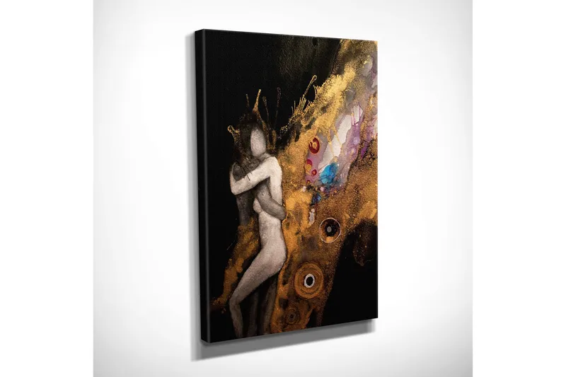 Pieni canvas-taulu 30x40 cm - Intiimi pari syleilevässä eleessä abstrakteilla elementeillä - Kulta / Musta / Beige - Sisustustuotteet - Taulu & taide - Canvas-taulu