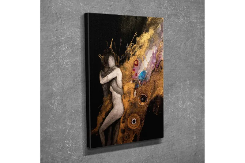 Pieni canvas-taulu 30x40 cm - Intiimi pari syleilevässä eleessä abstrakteilla elementeillä, Kulta / Musta / Beige
