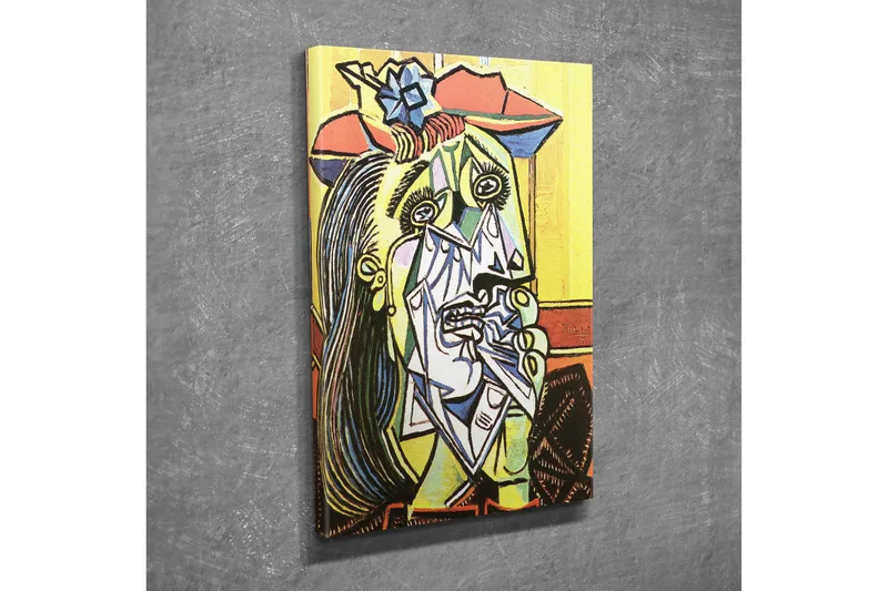 Pieni canvas-taulu 30x40 cm - Itkevä nainen geometrisilla muodoilla ja vahvoilla ilmeillä, Keltainen / Vihreä / Punainen