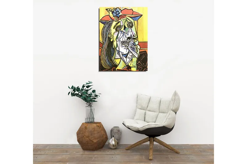 Pieni canvas-taulu 30x40 cm - Itkevä nainen geometrisilla muodoilla ja vahvoilla ilmeillä - Keltainen / Vihreä / Punainen - Sisustustuotteet - Taulu & taide - Canvas-taulu