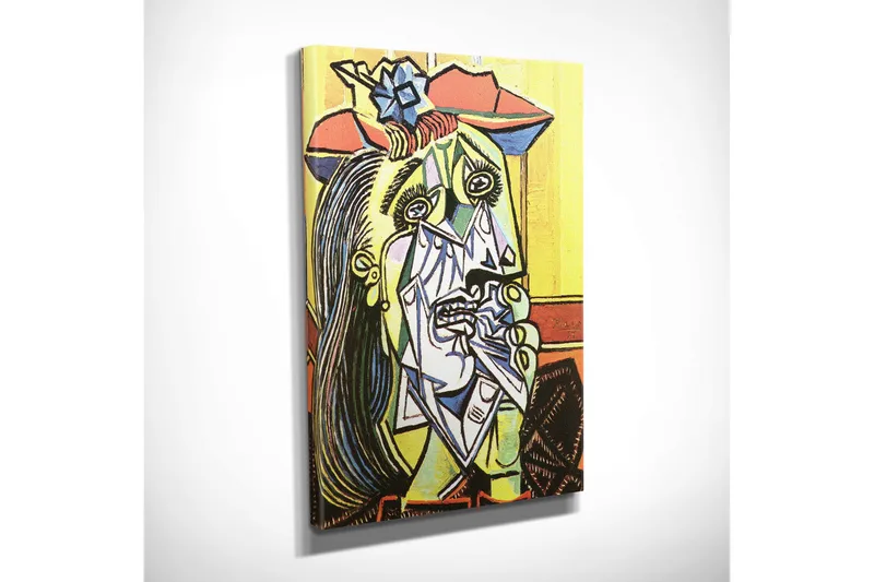 Pieni canvas-taulu 30x40 cm - Itkevä nainen geometrisilla muodoilla ja vahvoilla ilmeillä - Keltainen / Vihreä / Punainen - Sisustustuotteet - Taulu & taide - Canvas-taulu