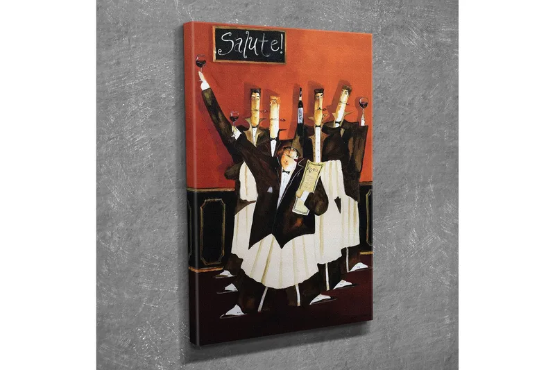 Pieni canvas-taulu 30x40 cm - Juhlava tarjoilijoiden joukko maljoittamassa viiniä vilkkaassa tunnelmassa, Punainen / Musta / Valkoinen