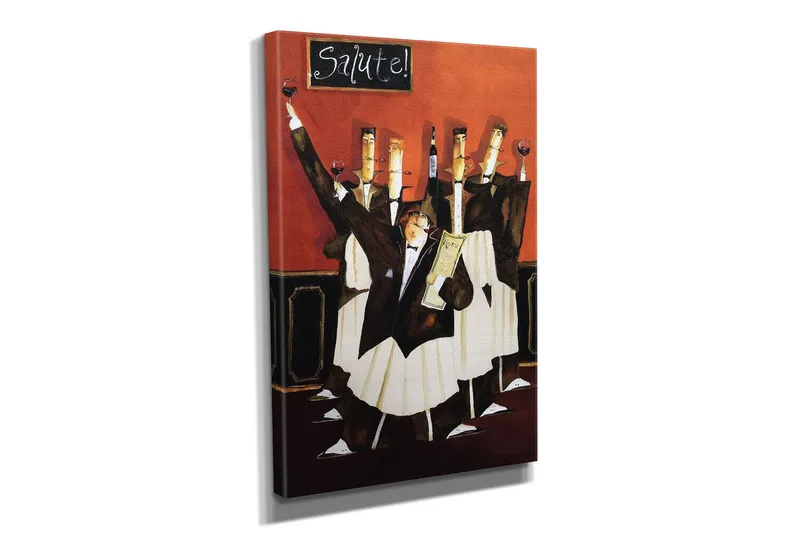 Pieni canvas-taulu 30x40 cm - Juhlava tarjoilijoiden joukko maljoittamassa viiniä vilkkaassa tunnelmassa - Punainen / Musta / Valkoinen - Sisustustuotteet - Taulu & taide - Canvas-taulu