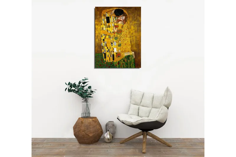 Pieni canvas-taulu 30x40 cm - Kahden rakastavaisen intiimi hetki kultaisessa syleilyssä - Kulta / Vihreä / Punainen - Sisustustuotteet - Taulu & taide - Canvas-taulu