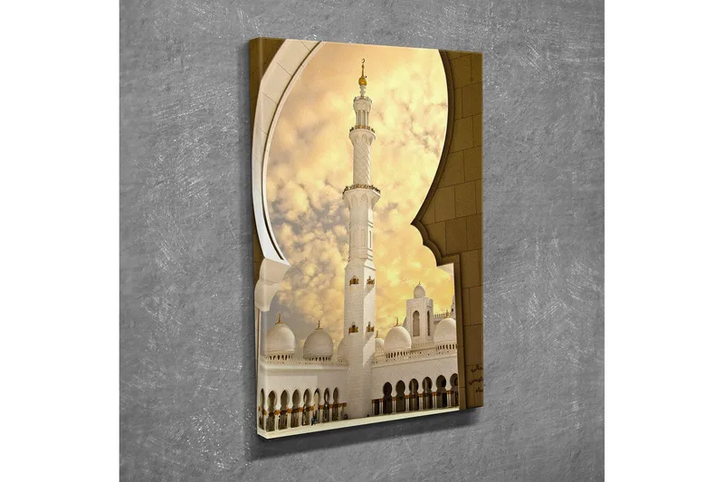 Pieni canvas-taulu 30x40 cm - Kaunis moskeija minareetilla ja kupoleilla kultaisen taivaan alla, Kulta / Valkoinen / Beige