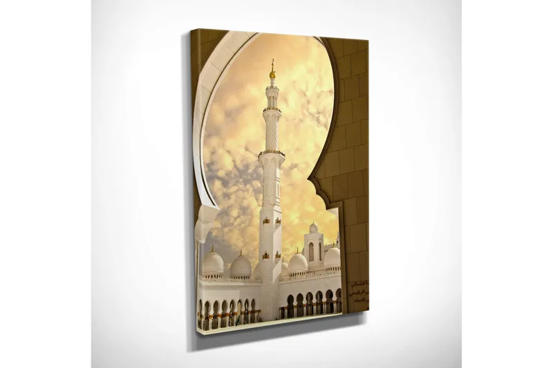 Pieni canvas-taulu 30x40 cm - Kaunis moskeija minareetilla ja kupoleilla kultaisen taivaan alla - Kulta / Valkoinen / Beige - Sisustustuotteet - Taulu & taide - Canvas-taulu