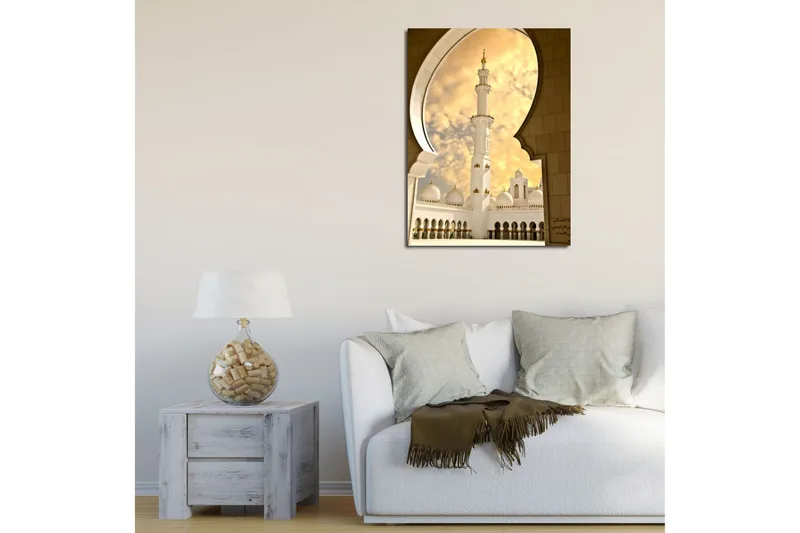 Pieni canvas-taulu 30x40 cm - Kaunis moskeija minareetilla ja kupoleilla kultaisen taivaan alla - Kulta / Valkoinen / Beige - Sisustustuotteet - Taulu & taide - Canvas-taulu