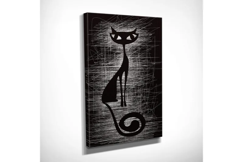 Pieni canvas-taulu 30x40 cm - Kissan siluetti tyylitellyillä viivoilla - Musta / Valkoinen - Sisustustuotteet - Taulu & taide - Canvas-taulu