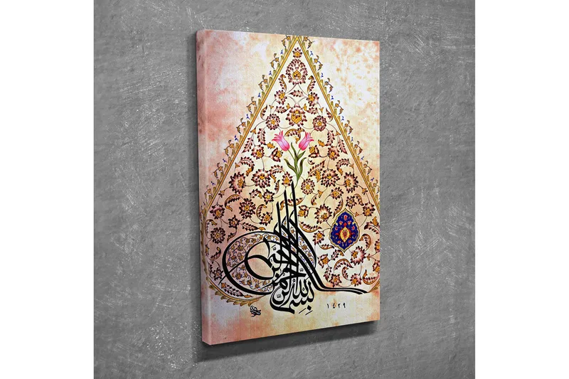 Pieni canvas-taulu 30x40 cm - Koristeellinen sommitelma kalligrafialla ja kukilla, Vaaleanpunainen / Kulta / Tummansininen