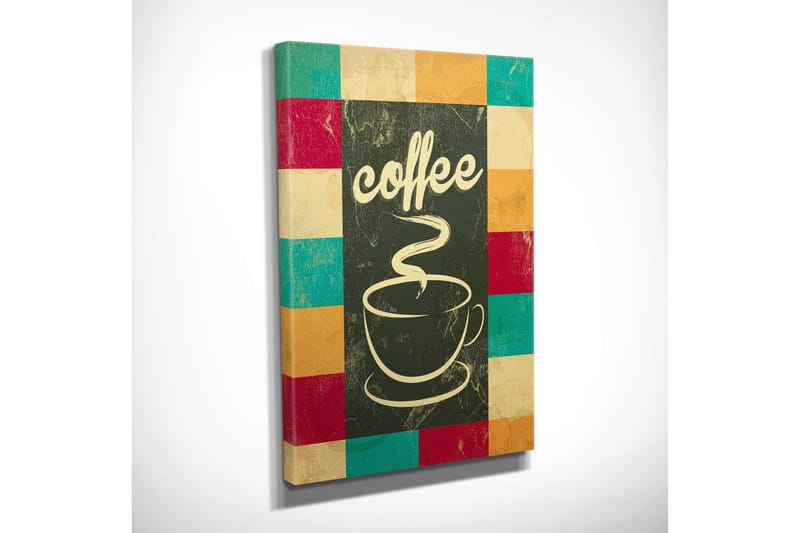 Pieni canvas-taulu 30x40 cm - Kuppi höyryävää kahvia ja teksti coffee - Tummanvihreä / Turkoosi / Punainen - Sisustustuotteet - Taulu & taide - Canvas-taulu