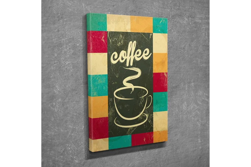 Pieni canvas-taulu 30x40 cm - Kuppi höyryävää kahvia ja teksti coffee, Tummanvihreä / Turkoosi / Punainen