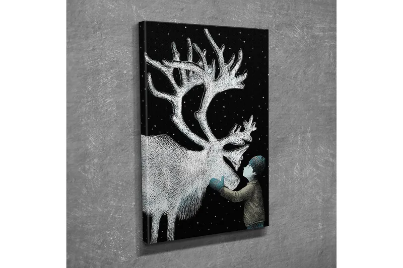 Pieni canvas-taulu 30x40 cm - Lapset vuorovaikuttavat poron kanssa tähtitaivaan alla, Musta / Valkoinen / Vaaleansininen