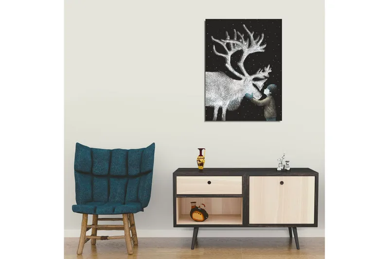 Pieni canvas-taulu 30x40 cm - Lapset vuorovaikuttavat poron kanssa tähtitaivaan alla - Musta / Valkoinen / Vaaleansininen - Sisustustuotteet - Taulu & taide - Canvas-taulu