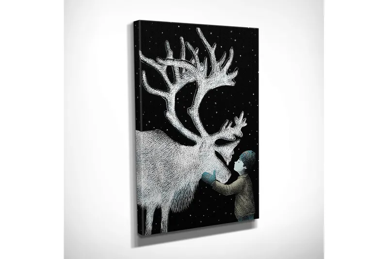 Pieni canvas-taulu 30x40 cm - Lapset vuorovaikuttavat poron kanssa tähtitaivaan alla - Musta / Valkoinen / Vaaleansininen - Sisustustuotteet - Taulu & taide - Canvas-taulu