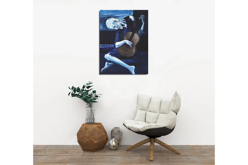 Pieni canvas-taulu 30x40 cm - Melankolinen mies soittaa kitaraa - Tummansininen / Vaaleansininen / Beige - Sisustustuotteet - Taulu & taide - Canvas-taulu
