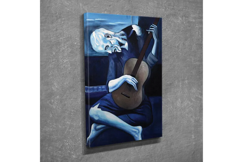 Pieni canvas-taulu 30x40 cm - Melankolinen mies soittaa kitaraa, Tummansininen / Vaaleansininen / Beige