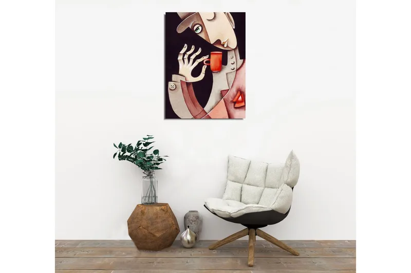 Pieni canvas-taulu 30x40 cm - Mies juo punaisesta kupista - Punainen / Beige / Ruskea - Sisustustuotteet - Taulu & taide - Canvas-taulu
