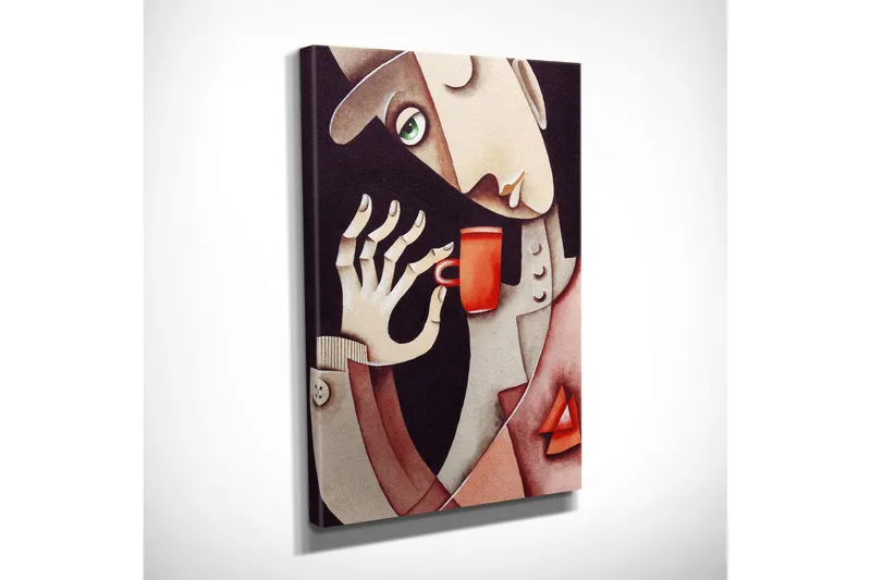 Pieni canvas-taulu 30x40 cm - Mies juo punaisesta kupista - Punainen / Beige / Ruskea - Sisustustuotteet - Taulu & taide - Canvas-taulu
