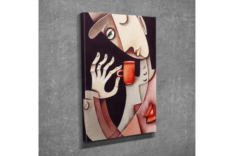 Pieni canvas-taulu 30x40 cm - Mies juo punaisesta kupista, Punainen / Beige / Ruskea