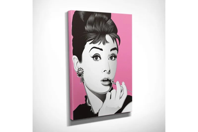 Pieni canvas-taulu 30x40 cm - Muotokuva elegantista naisesta huulipuna ja suuret korvakorut päässä - Vaaleanpunainen / Musta / Valkoinen - Sisustustuotteet - Taulu & taide - Canvas-taulu