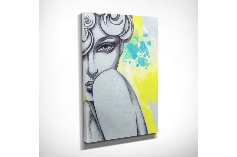 Pieni canvas-taulu 30x40 cm - Muotokuva naisesta, jolla on salaperäinen ilme ja tyylitellyt hiukset - Harmaa / Keltainen / Turkoosi - Sisustustuotteet - Taulu & taide - Canvas-taulu