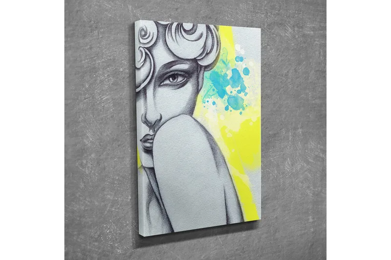 Pieni canvas-taulu 30x40 cm - Muotokuva naisesta, jolla on salaperäinen ilme ja tyylitellyt hiukset, Harmaa / Keltainen / Turkoosi