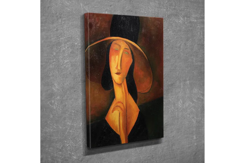 Pieni canvas-taulu 30x40 cm - Muotokuva naisesta, jolla on suuri hattu ja salaperäinen ilme, Musta / Oranssi / Ruskea