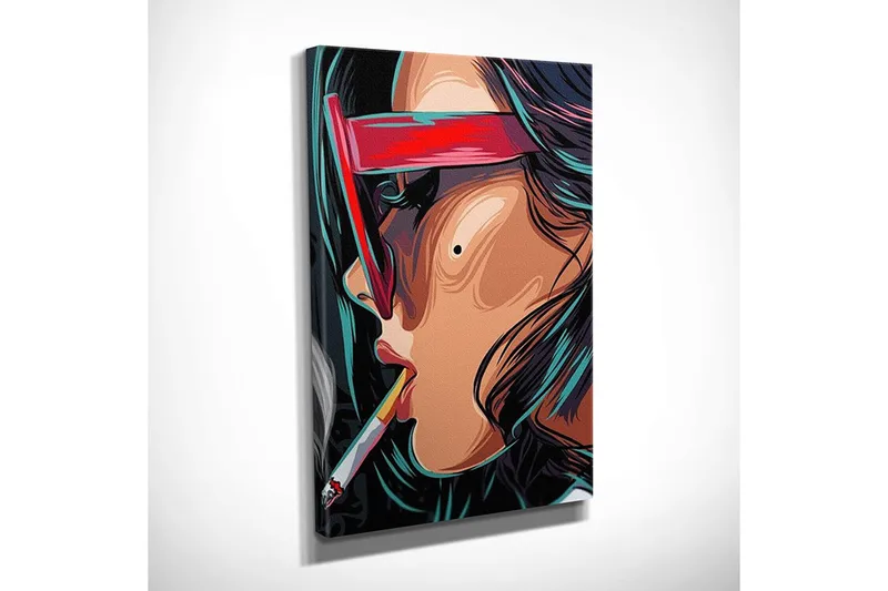 Pieni canvas-taulu 30x40 cm - Muotokuva naisesta aurinkolasit ja savuke kädessä - Punainen / Musta / Turkoosi - Sisustustuotteet - Taulu & taide - Canvas-taulu