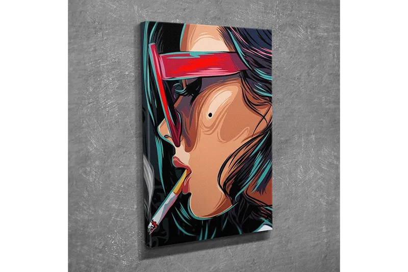 Pieni canvas-taulu 30x40 cm - Muotokuva naisesta aurinkolasit ja savuke kädessä, Punainen / Musta / Turkoosi