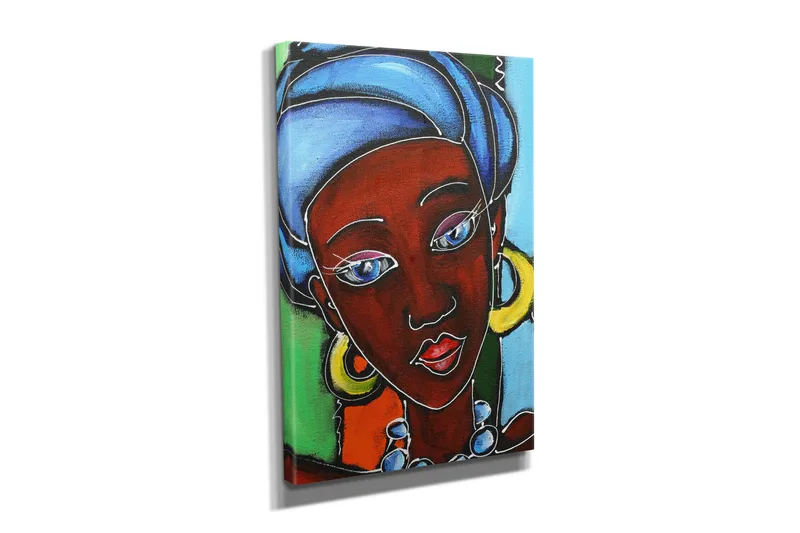 Pieni canvas-taulu 30x40 cm - Muotokuva naisesta värikkäässä päähineessä ja koruissa - Tummanpunainen / Sininen / Vihreä - Sisustustuotteet - Taulu & taide - Canvas-taulu