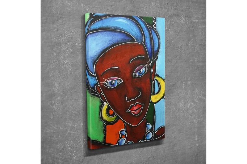 Pieni canvas-taulu 30x40 cm - Muotokuva naisesta värikkäässä päähineessä ja koruissa, Tummanpunainen / Sininen / Vihreä