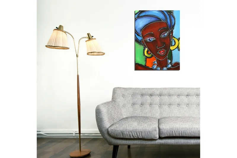 Pieni canvas-taulu 30x40 cm - Muotokuva naisesta värikkäässä päähineessä ja koruissa - Tummanpunainen / Sininen / Vihreä - Sisustustuotteet - Taulu & taide - Canvas-taulu