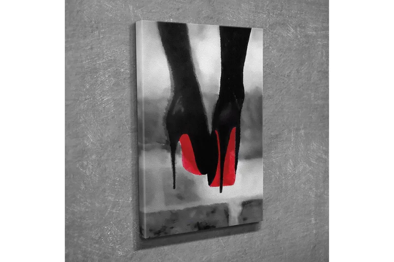 Pieni canvas-taulu 30x40 cm - Musta korkokenkä punaisella pohjalla, Musta / Punainen