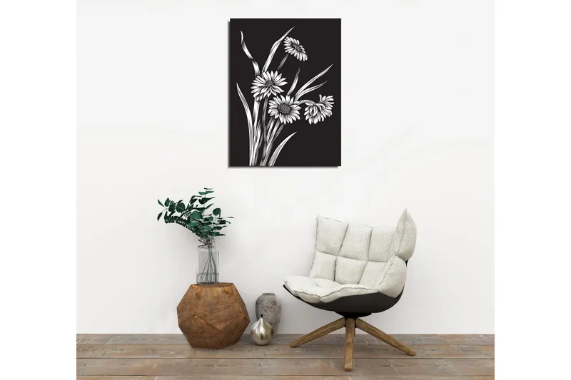 Pieni canvas-taulu 30x40 cm - mustavalkoinen kukka-asetelma tyylitellyillä kukilla ja vihreydellä - Musta / Valkoinen - Sisustustuotteet - Taulu & taide - Canvas-taulu