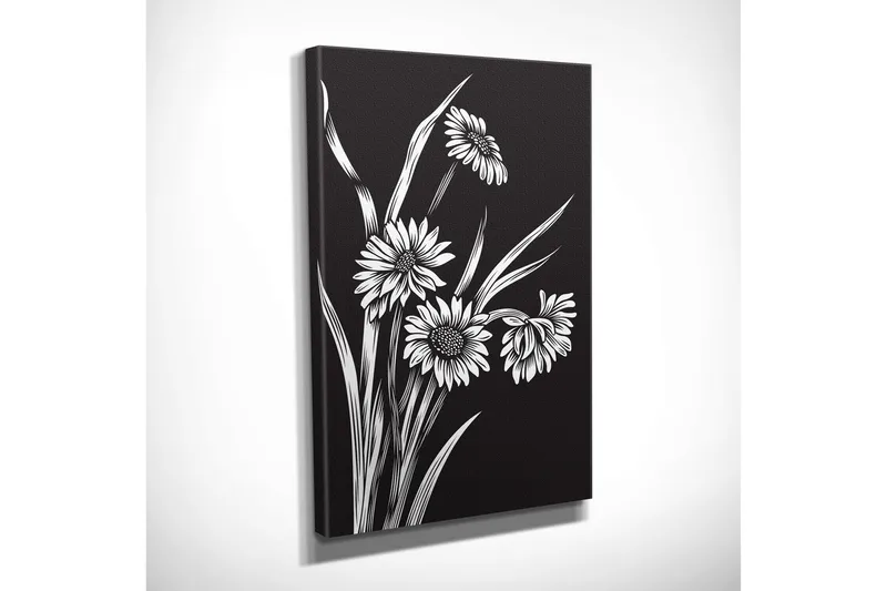 Pieni canvas-taulu 30x40 cm - mustavalkoinen kukka-asetelma tyylitellyillä kukilla ja vihreydellä - Musta / Valkoinen - Sisustustuotteet - Taulu & taide - Canvas-taulu