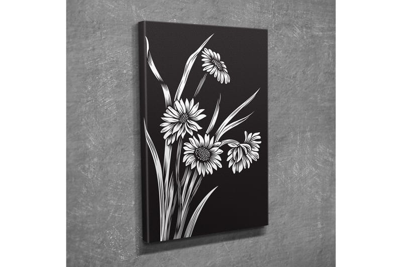 Pieni canvas-taulu 30x40 cm - mustavalkoinen kukka-asetelma tyylitellyillä kukilla ja vihreydellä - Musta / Valkoinen - Sisustustuotteet - Taulu & taide - Canvas-taulu