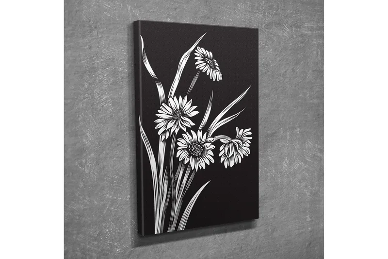Pieni canvas-taulu 30x40 cm - mustavalkoinen kukka-asetelma tyylitellyillä kukilla ja vihreydellä, Musta / Valkoinen