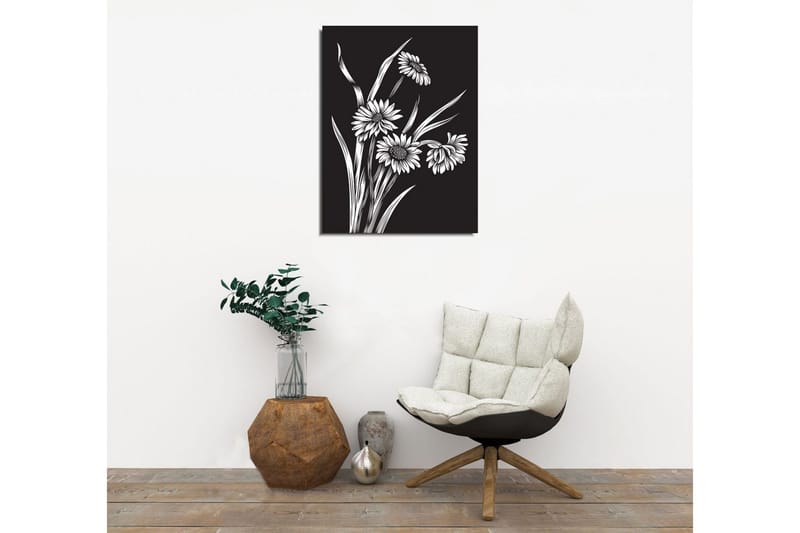 Pieni canvas-taulu 30x40 cm - mustavalkoinen kukka-asetelma tyylitellyillä kukilla ja vihreydellä - Musta / Valkoinen - Sisustustuotteet - Taulu & taide - Canvas-taulu
