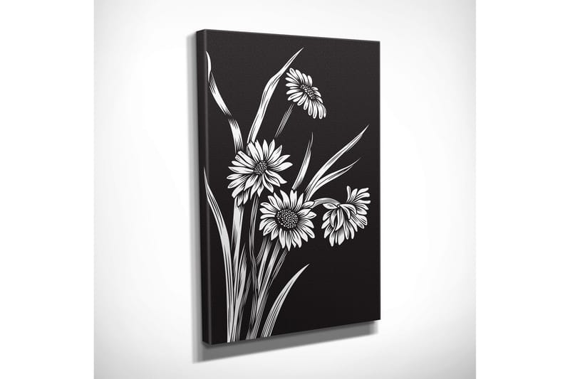 Pieni canvas-taulu 30x40 cm - mustavalkoinen kukka-asetelma tyylitellyillä kukilla ja vihreydellä - Musta / Valkoinen - Sisustustuotteet - Taulu & taide - Canvas-taulu