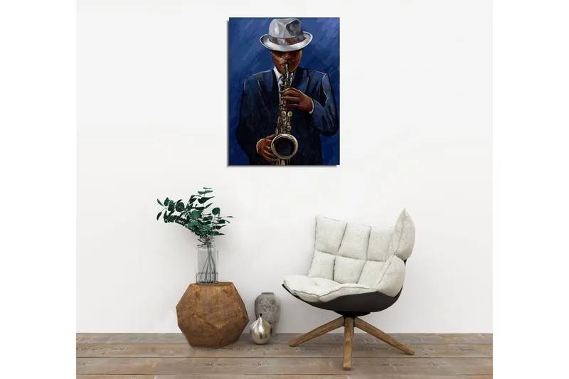 Pieni canvas-taulu 30x40 cm - Muusikko soittaa saksofonia elegantissa puvussa - Tummansininen / Musta / Valkoinen - Sisustustuotteet - Taulu & taide - Canvas-taulu