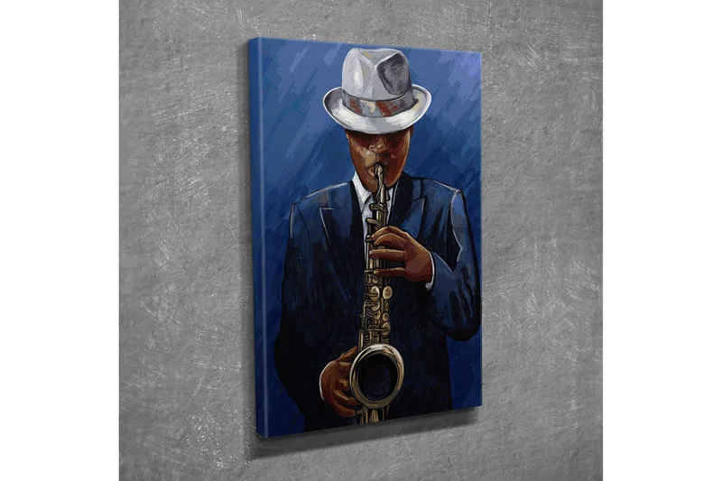 Pieni canvas-taulu 30x40 cm - Muusikko soittaa saksofonia elegantissa puvussa - Tummansininen / Musta / Valkoinen - Sisustustuotteet - Taulu & taide - Canvas-taulu