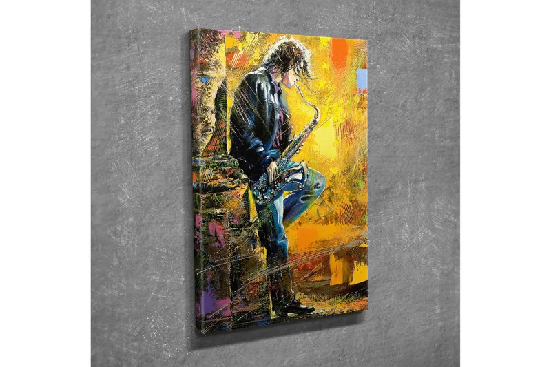 Pieni canvas-taulu 30x40 cm - Muusikko soittaa saksofonia energisellä ja värikkäällä taustalla, Keltainen / Musta / Sininen