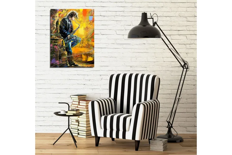 Pieni canvas-taulu 30x40 cm - Muusikko soittaa saksofonia energisellä ja värikkäällä taustalla - Keltainen / Musta / Sininen - Sisustustuotteet - Taulu & taide - Canvas-taulu